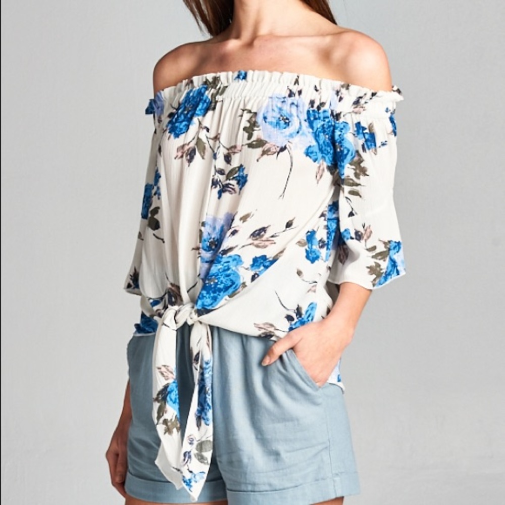 Cream floral off the shoulder tie top